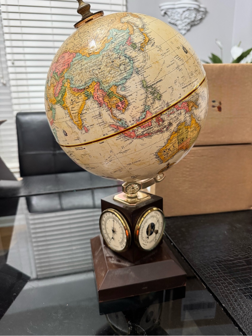 Antique-Style Cream Globe with Brown Base and Brass Accents
